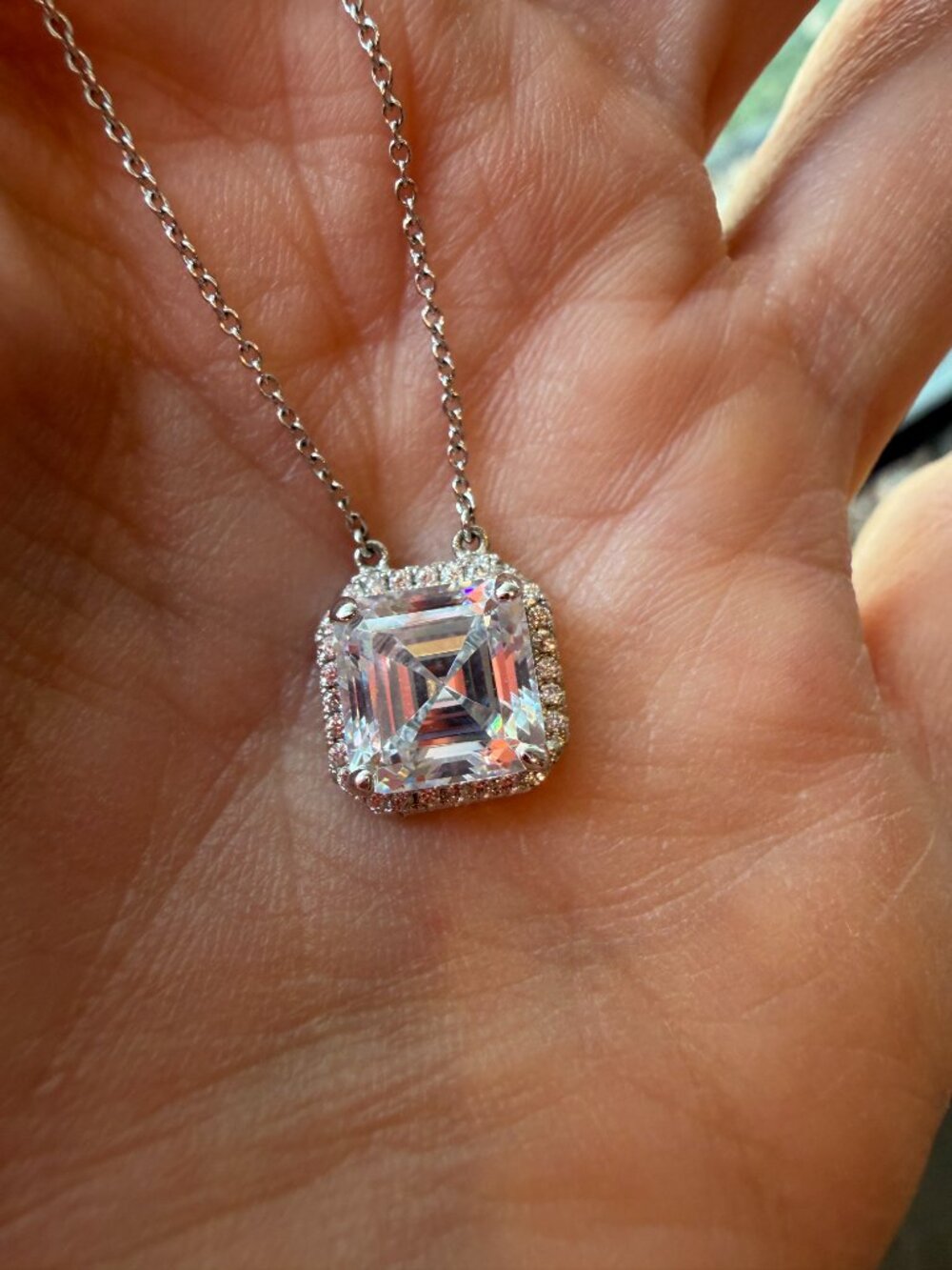 Absolute Asscher Cut Halo CZ Sterling Silver Adjustable Necklace
